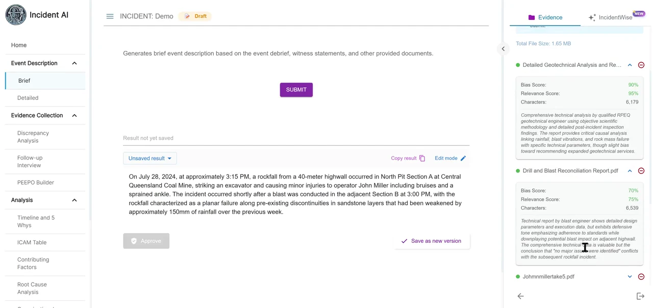 Incident AI screen: a drafted event brief beside the evidence panel, where each file shows a bias score and relevance score, with an Approve button for the investigator.